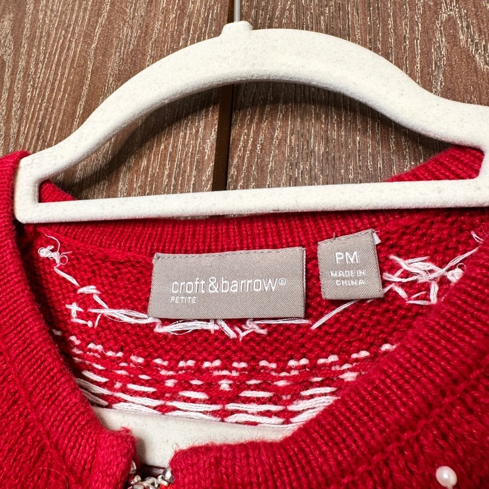 VTG Christmas Petite Red Snowflake Zip Up Cardigan Sweater Jacket Women PM - Picture 4 of 7